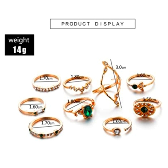9 Piece Crystal Green Gold Stackable Knuckle Rings NWT - Picture 2 of 5